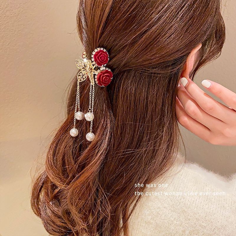 Red Rose Flocked Cherry Small Claw Clip for Women, Half-Tie Hairpin with a High-End Feel, Shark Clip Autumn and Winter Hair Accessory