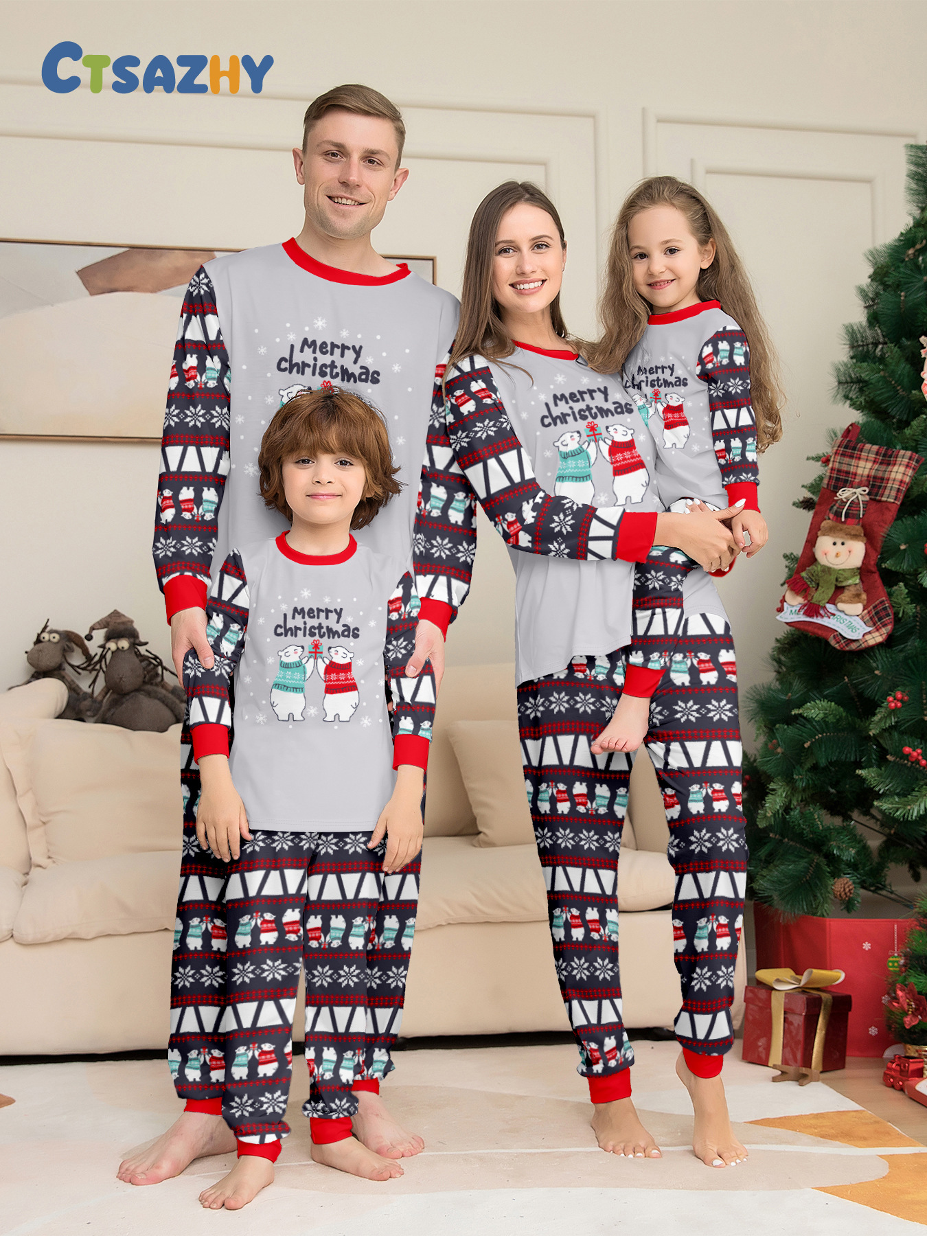 Pijama de natal a combinar para família com urso e flocos_voghion.com