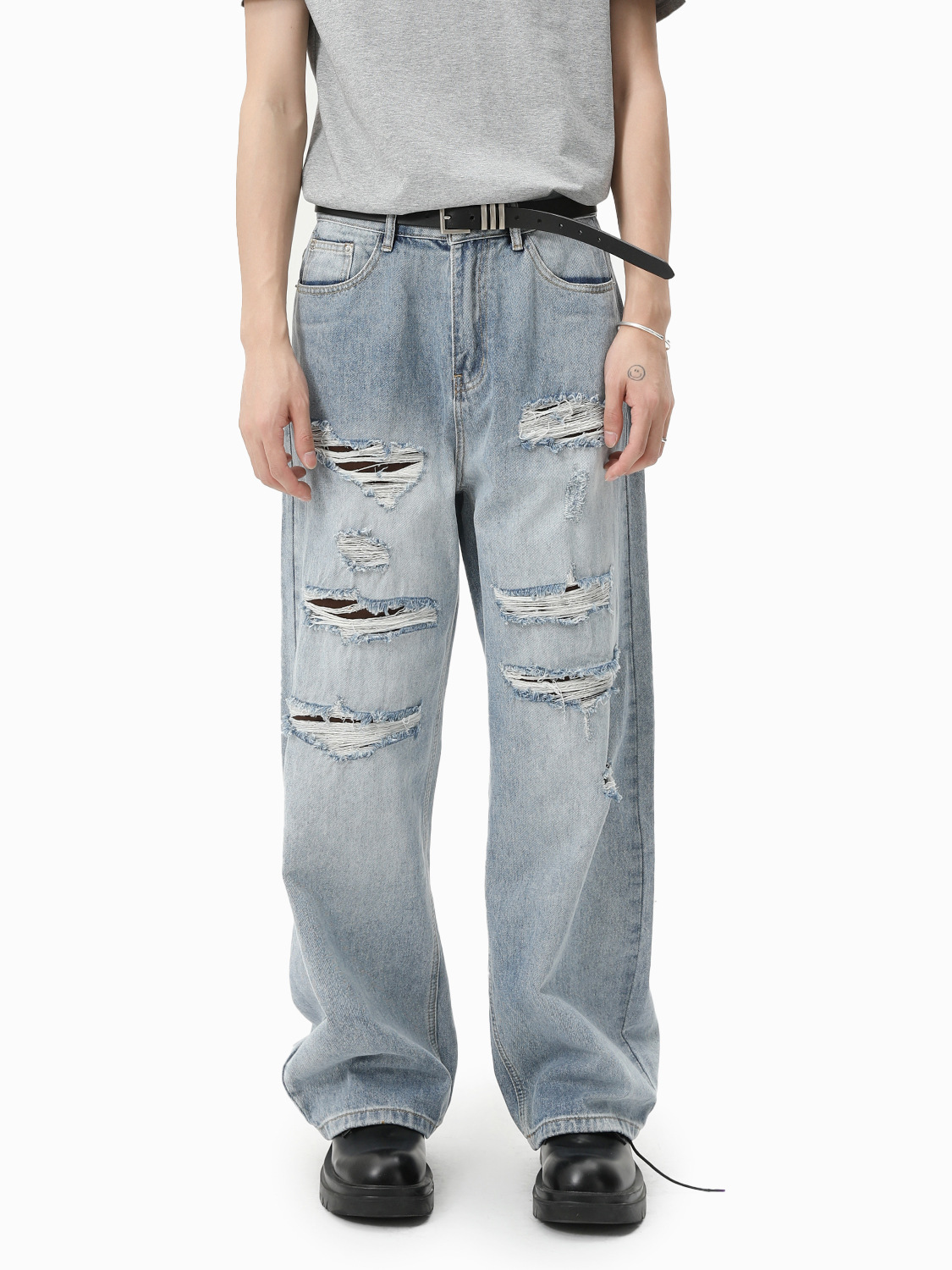 MTLCLOTHES Hombres| Hacer viejos agujeros vibe desgastado tendencia casual rectas sueltas lavados jeans