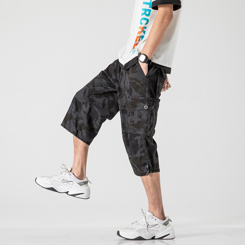 New summer style men's pure cotton 7/8 length shorts, loose fit, plus size, trendy, breathable, thin 7/8 length shorts