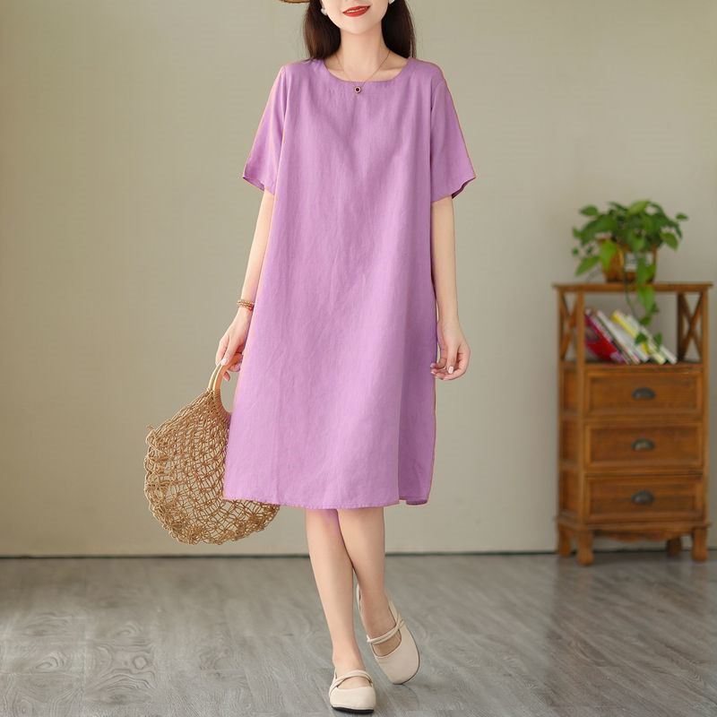 Mid-Length Cotton and Linen Summer Skirt, Solid Color Simple Short-Sleeved Dress, Large Size Round Neck Loose Skirt Mid-Length Cotton and Linen Summer Skirt, Solid Color Simple Short-Sleeved Dress, Large Size Round Neck Loose Skirt