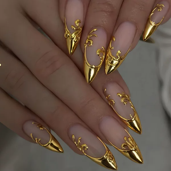 3D Three-Dimensional Embossed Gold-Plated Nude Pink Carved French Pointed Toe Press-On Nails European and American Fashion Fake Nails