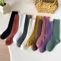 兒童襪子春秋透氣男女童韓版純色粗條雙針寶寶中筒棉襪廠家批發