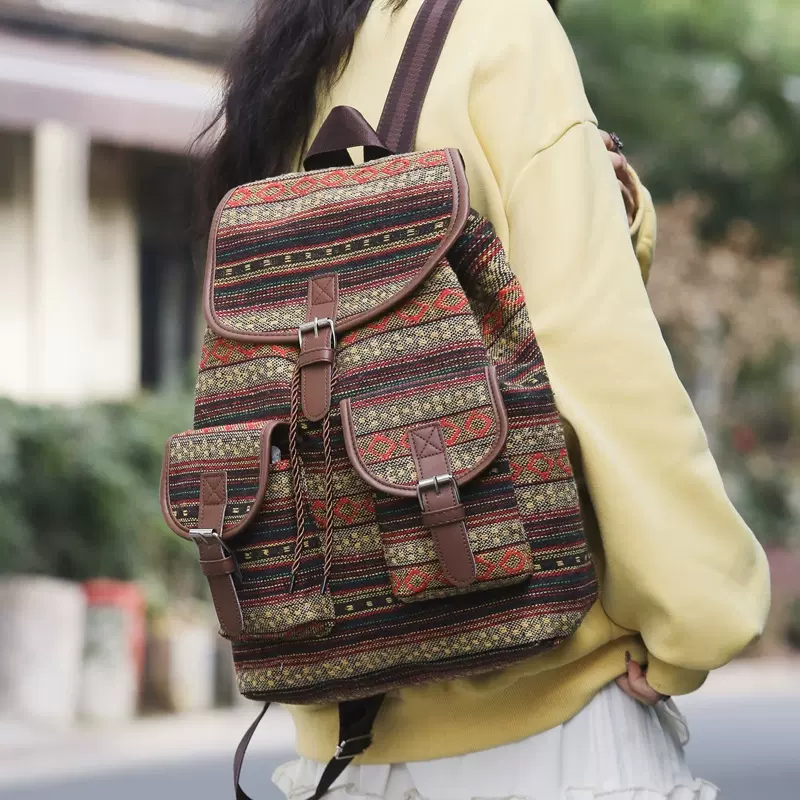2025新款民族风双肩包休闲格纹抽绳复古女式大容量书包抽带水桶包