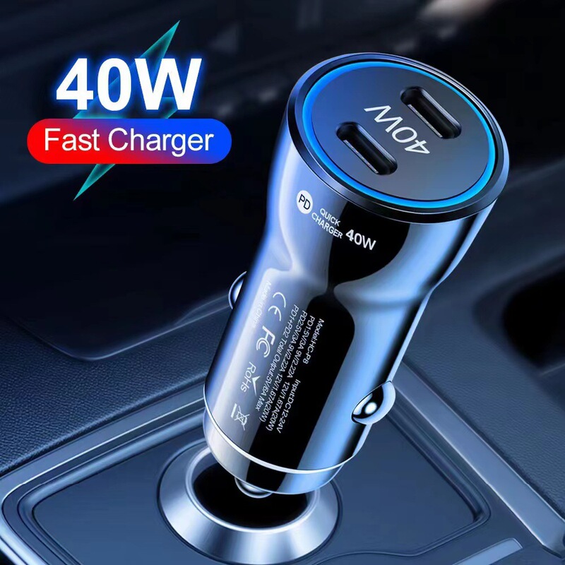 Dual-Port Pd+Pd Fast Charging 40W/60W Car Charger, New Cross-Border Model with Dual Type-C Ports, Full Wattage, High Quality