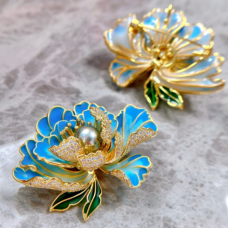 DIY accessories national style peony flower brooch women's high-grade enamel painted classical temperament pin pearl corsage empty holder