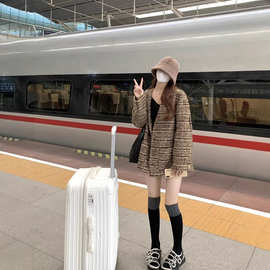 秋季新款复古时尚宽松小众百搭上衣小香风编织V领长袖外套女