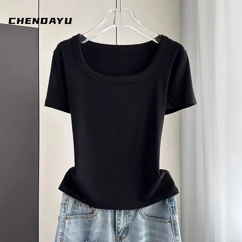 European Versatile Ribbed Square Neck Collarbone Short Sleeve T-Shirt for Women 2024 New Summer Solid Color Stylish Inner Top Thin