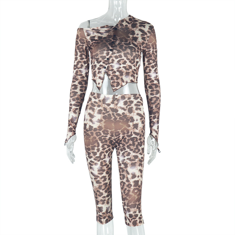 Blusa transparente con estampado de leopardo para mujer, pantalón asimétrico con hombros descubiertos, manga larga, pantalón corto, dos piezas