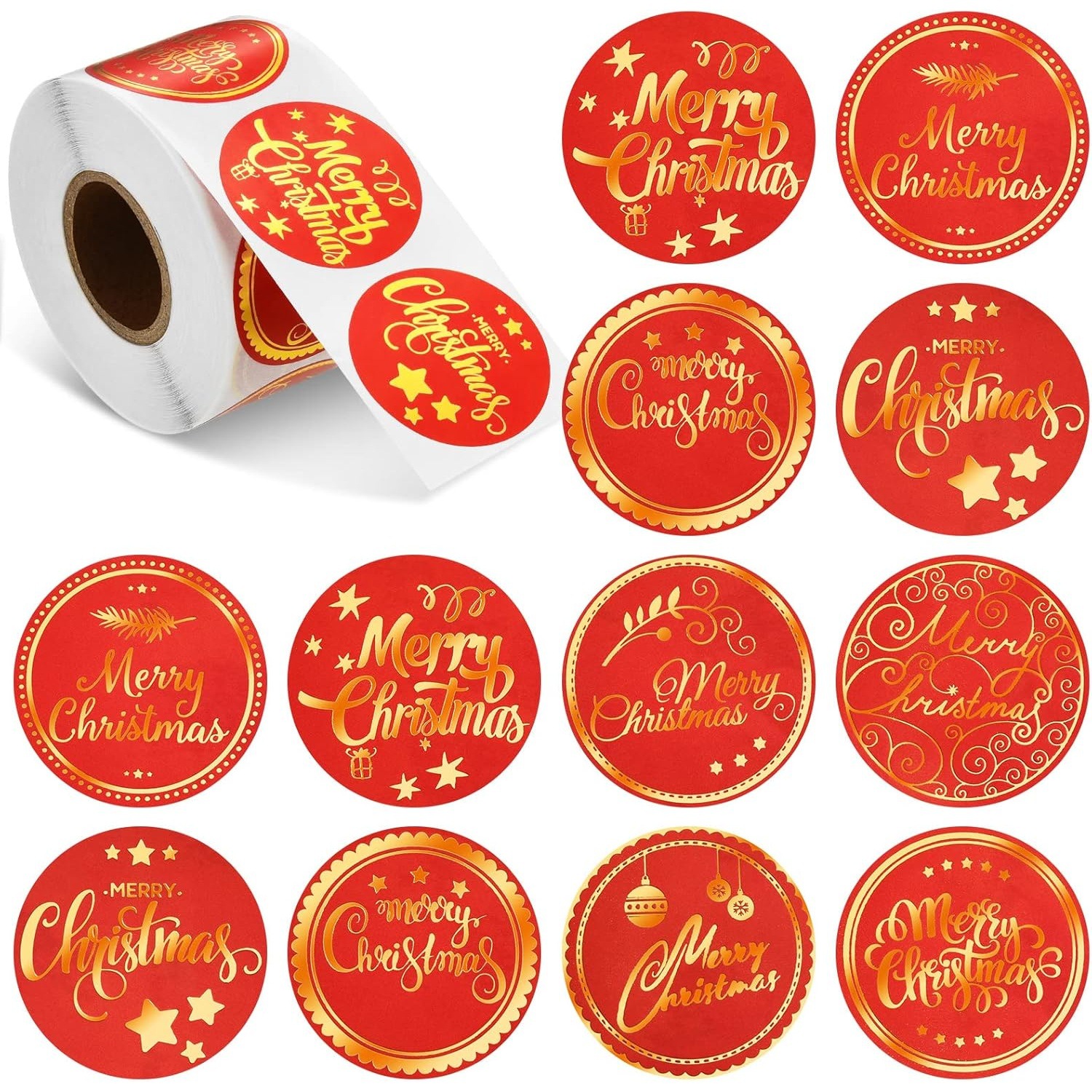 圣诞雪花贴纸500张红色圆形封口贴纸可用于信封礼物袋装饰