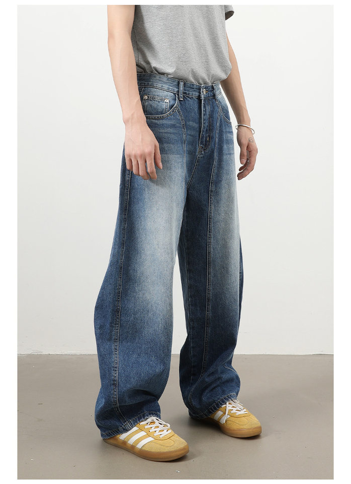 Quần jeans nam dáng thẳng rộng phối màu phong cách retro — màu xanh, màu xám đen chi tiết 7