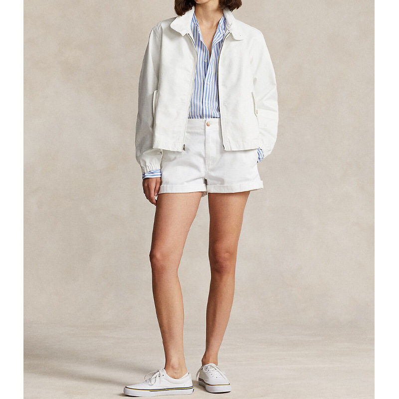 Áo khoác nữ vải canvas cotton dài tay thiết kế thêu họa tiết, khóa kéo, cổ bẻ — Giặt trắng