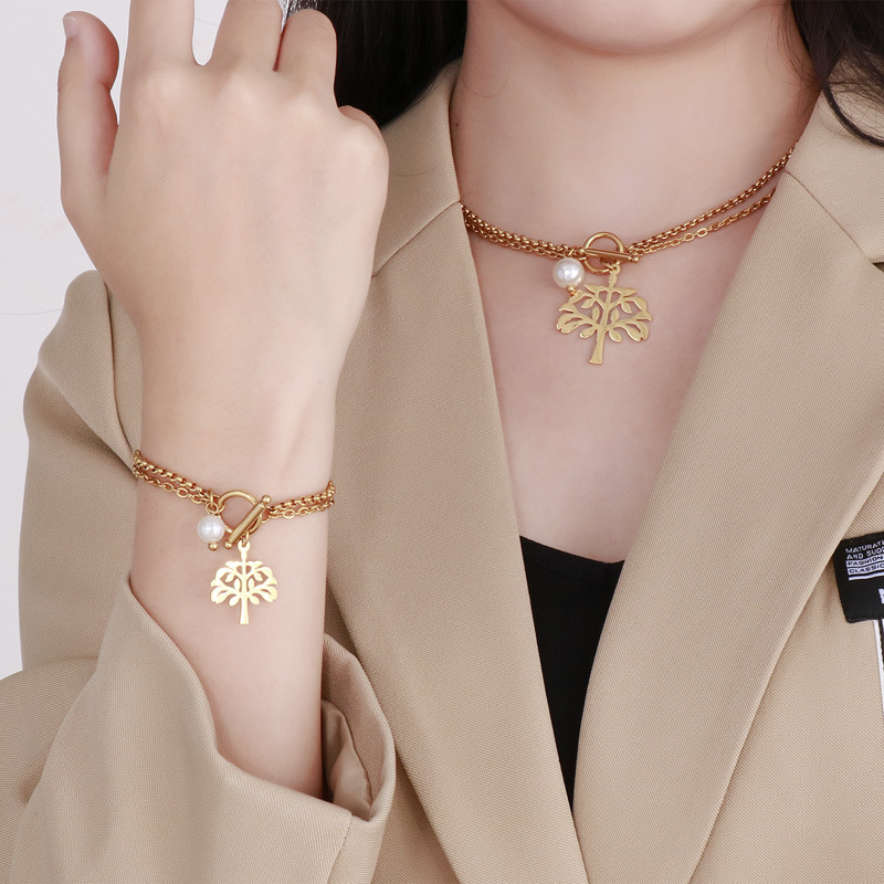 Fashion Hip Hop OT Buckle Stainless Steel Tree Shaped Double Layer Bracelet Necklace Ornament Set