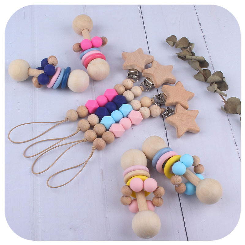 Creativo nuevo bebé suministros de madera niños jugar sonajero herramientas mordedor bebé ejercicio interactivo cuentas de silicona chupete cadena