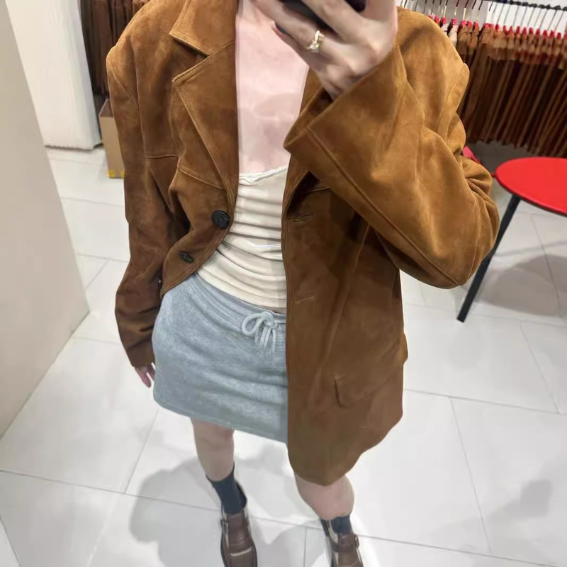 Laoqian Style Genuine Suede Suede Suit Women's Suit Suit with Sheepskin Anti-Velvet Maillard Suit Wide Version Ancora Red Elegant Coat Laoqian Style Genuine Suede Suede Suit Women's Suit Suit with Sheepskin Anti-Velvet Maillard Suit Wide Version Ancora Red Elegant Coat