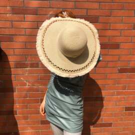 大檐镂空毛边草编草帽女夏天海边沙滩防晒遮阳帽防紫外线太阳帽潮
