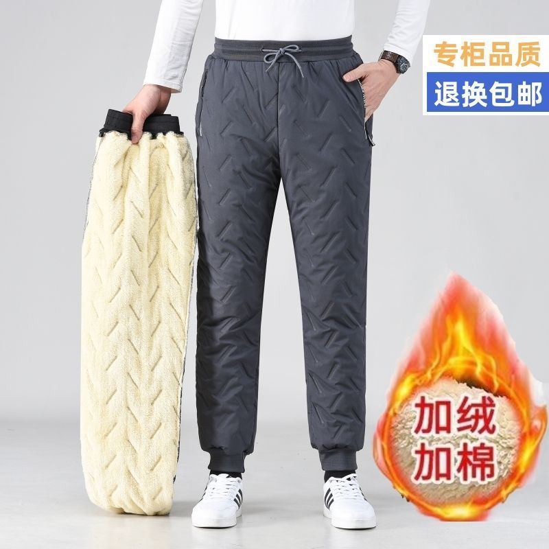 Pantalones de algodón cálido para hombres de lana de cordero pantalones casuales de talla grande pantalones casuales de lana gruesos rectos con forro polar resistentes al frío pantalones atados al tobillo ropa exterior