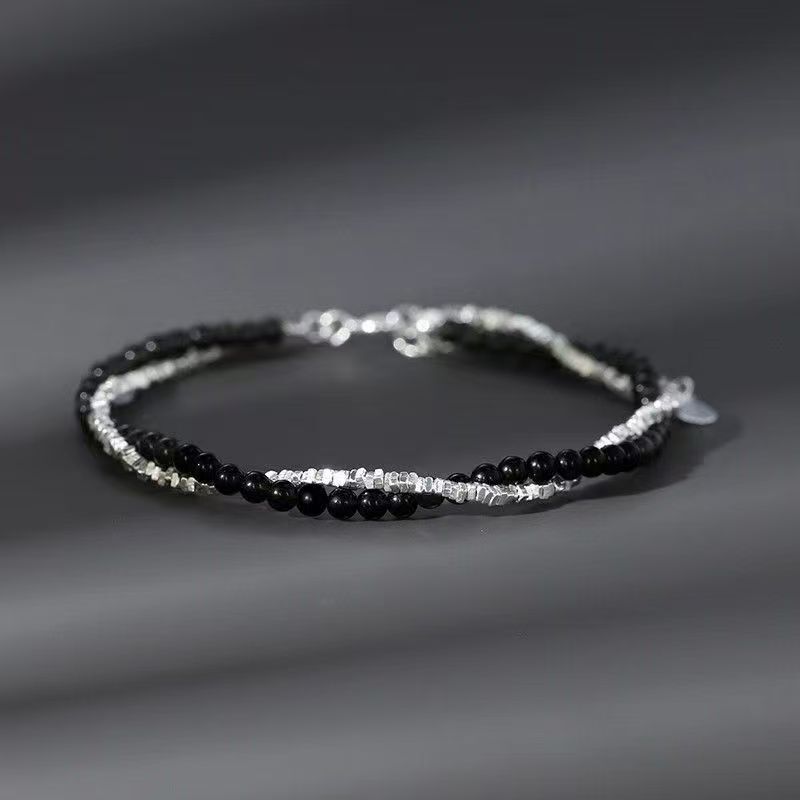 Broken Silver Wrap-Around Bracelet for Men, Trendy and Cool Style, Black Beaded Bracelet, Fashionable and Versatile, Creative Double-Layered Hand Accessory Broken Silver Wrap-Around Bracelet for Men, Trendy and Cool Style, Black Beaded Bracelet, Fashionable and Versatile, Creative Double-Layered Hand Accessory