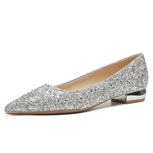 2213 Pointed toe flat shoes for women 2024 new low heel silver crystal wedding shoes shallow mouth not tiring feet thick heel single shoes