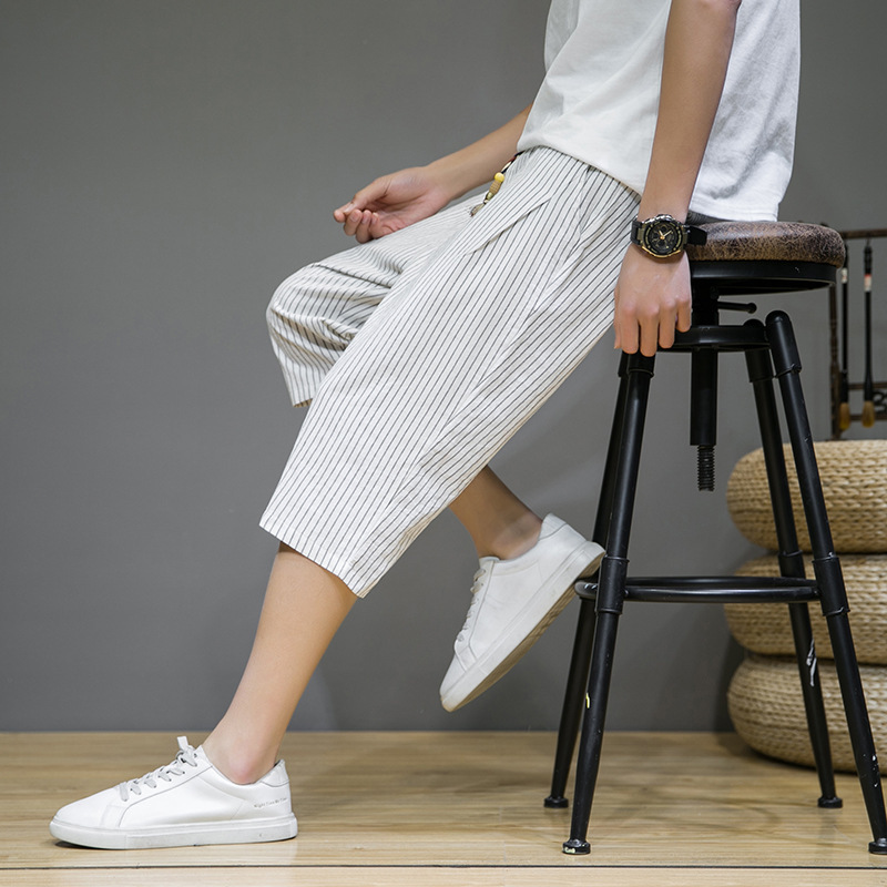Summer New Chinese Style Striped Cropped Pants for Men, Loose Plus Size Beach Harem Pants, Trendy Elastic Waist Straight Pants