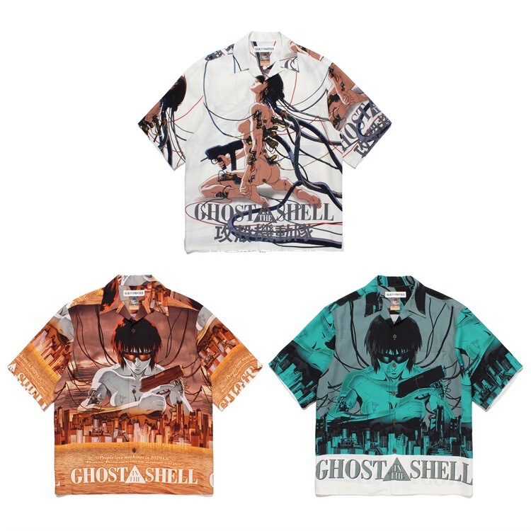 Cross-Border Independent Website 3D Digital Printing Ghost in the Shell Collaboration Print Hawaiian Short-Sleeve Pullover Shirt for Men and Women