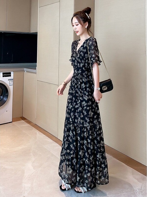 Dress for Women 2025 New Tall Extended Version Floral Chiffon Floor-Length Dress to Ankle Extra Long Summer