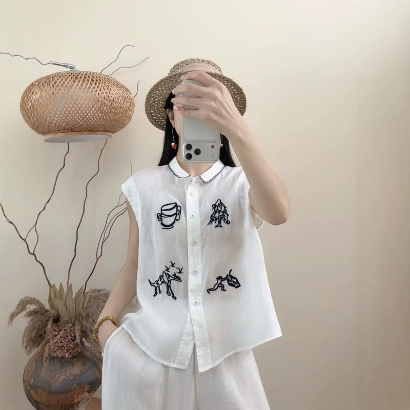 Summer New Style Sleeveless Shirt for Women 2026 Ramie Loose Slimming Embroidered Sleeveless Top for Women