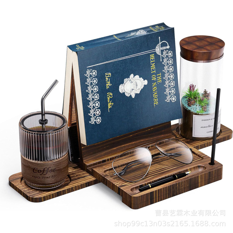 Wooden Bookshelf Bedside Table Triangular Book Storage Rack with Cup Holder Study Desk Glasses Pen Holder Storage