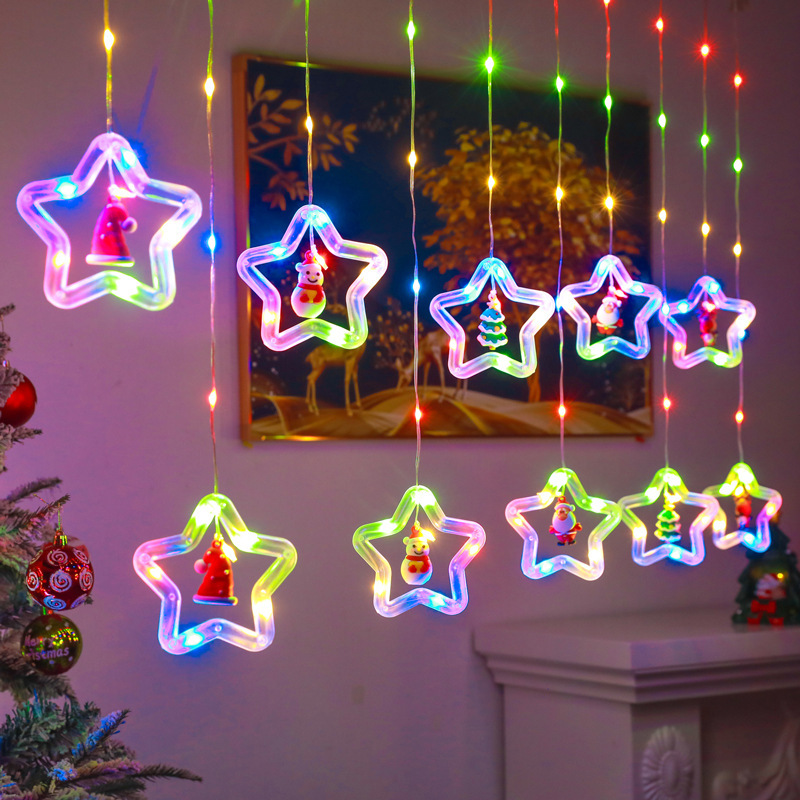 Amazon Venta caliente luces decorativas luces de cortina de Navidad LED anillo luz cadena vacaciones luces de colores colgante de dibujos animados luces de línea de cuero