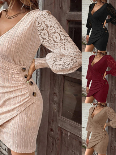 Independent website Wish bestseller: Autumn solid-color V-neck slim-fit sexy long-sleeved tight hip-hugging skirt for women