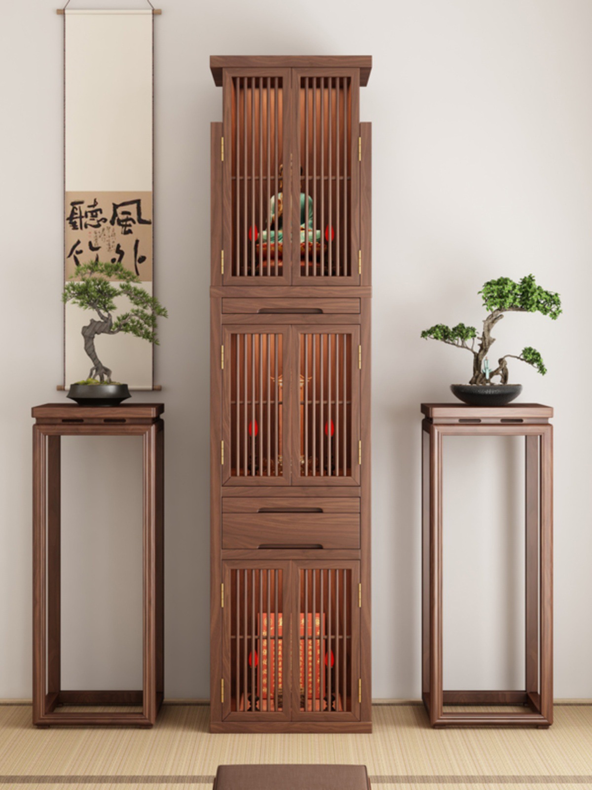 Solid Wood Three-Layer Cabinet with Door, Black Walnut Buddha Altar, Ancestor Buddha Altar, Household Modern Landlord Shrine Cabinet