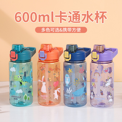 Summer Children's Cartoon Plastic Cup with Straw Portable Elementary School Students Shockproof Water Cup Cute Heat-resistant Cup for Girls and Boys