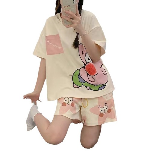 Ladies' Korean-style short-sleeve short shorts sweet and cute round neck loose plus-size pajamas two-piece set, summer can be worn outside