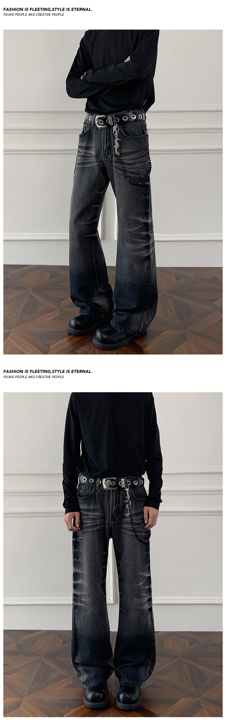 ​​Cleanfit Cat Whisker Fade Jeans For Men - Retro Straight-Leg Denim Pants With Gradient Wash (Blue/Black, M-5XL)​​_voghion.com