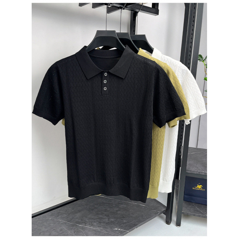 Men's Summer Cool Hollow Out Design Polo Shirt Luxury Style Elegant Retro Short Sleeve T-Shirt For Casual Wear_viptrois.com