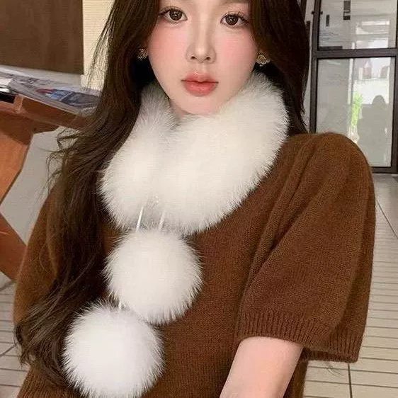 New winter warm fashion women's scarf with double large fur balls, faux fur fox neck warmer plush neck warmer