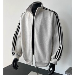 春秋三杠拉链开衫卫衣男立领休闲潮牌运动美式高街无帽青少年外套