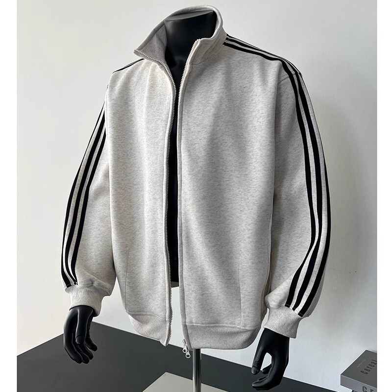 Spring and Autumn Three-Bar Zipper Cardigan Sweatshirt Men's Stand-Up Collar Casual Trendy Brand Sports American High Street Hooded Youth Jacket