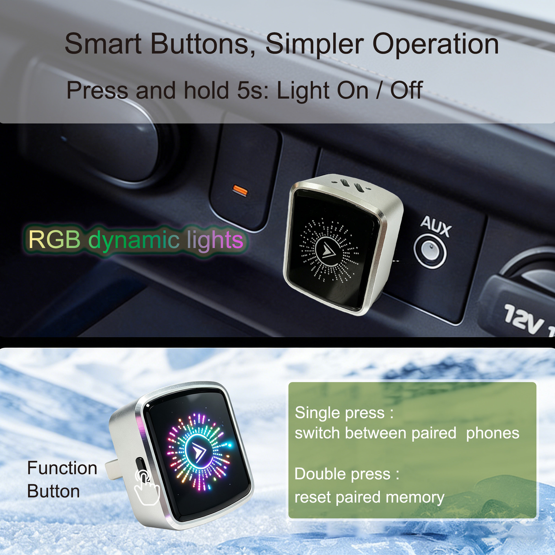2026 Cross-Border Crystal-Style Smart Button Wireless Carplay Box Android Auto Car Connectivity Two-In-One