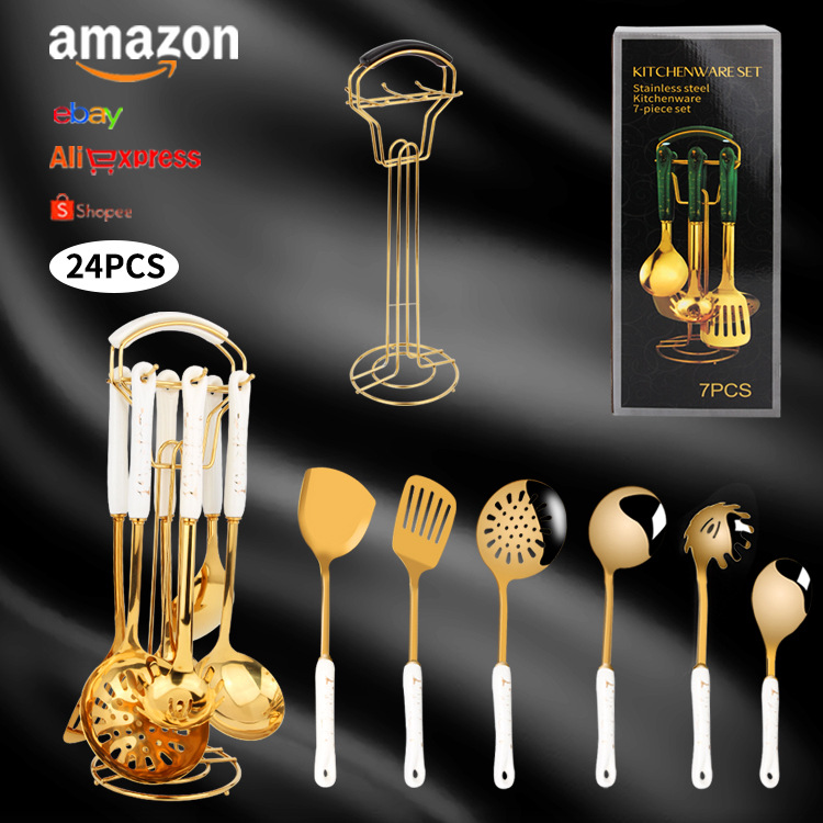 Nordic light luxury kitchenware set, stainless steel spatula, ceramic handle, cooking spatula, spoon, seven-piece kitchen utensils set