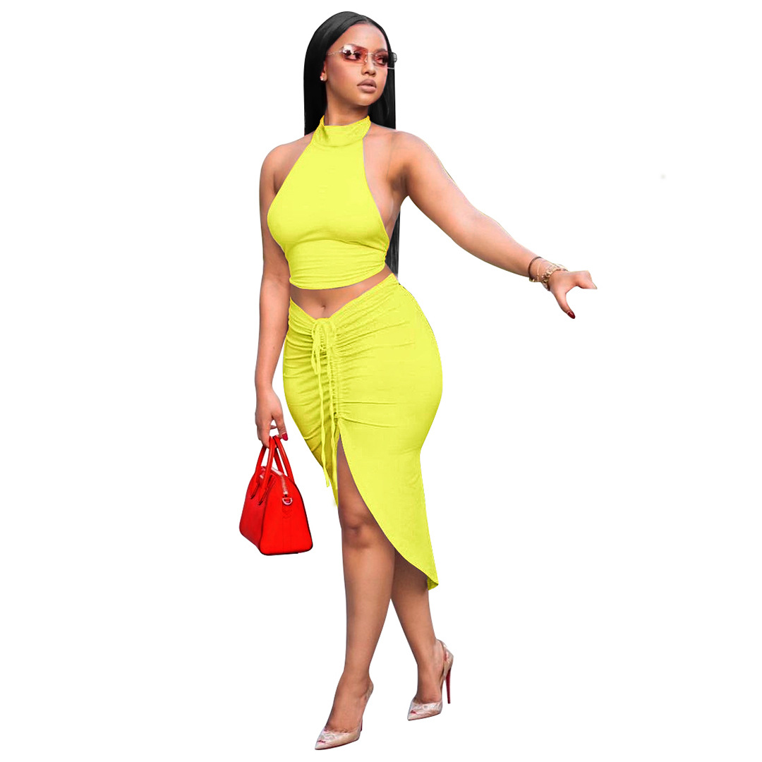 Summer Women Clothing Solid Color round Neck Cropped Backless Top Drawstring Mid Length Dress Set