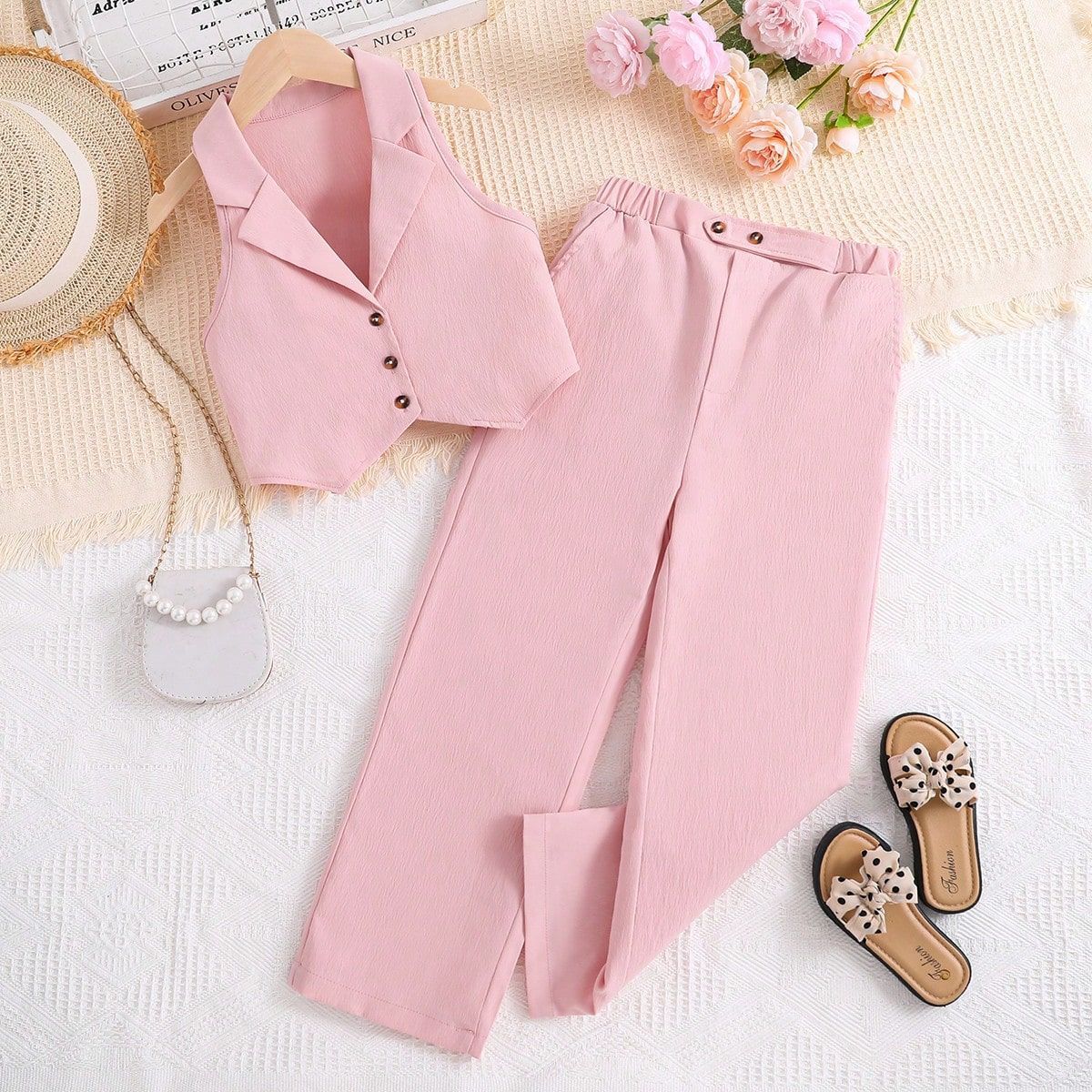Traje para niños Verano coreano cardigan sin mangas traje corto top pantalones de dos piezas para niñas ropa infantil transfronteriza
