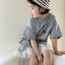 2024夏季新款韩系女童灰色印花短袖T恤裙中长款女宝宝T裙065