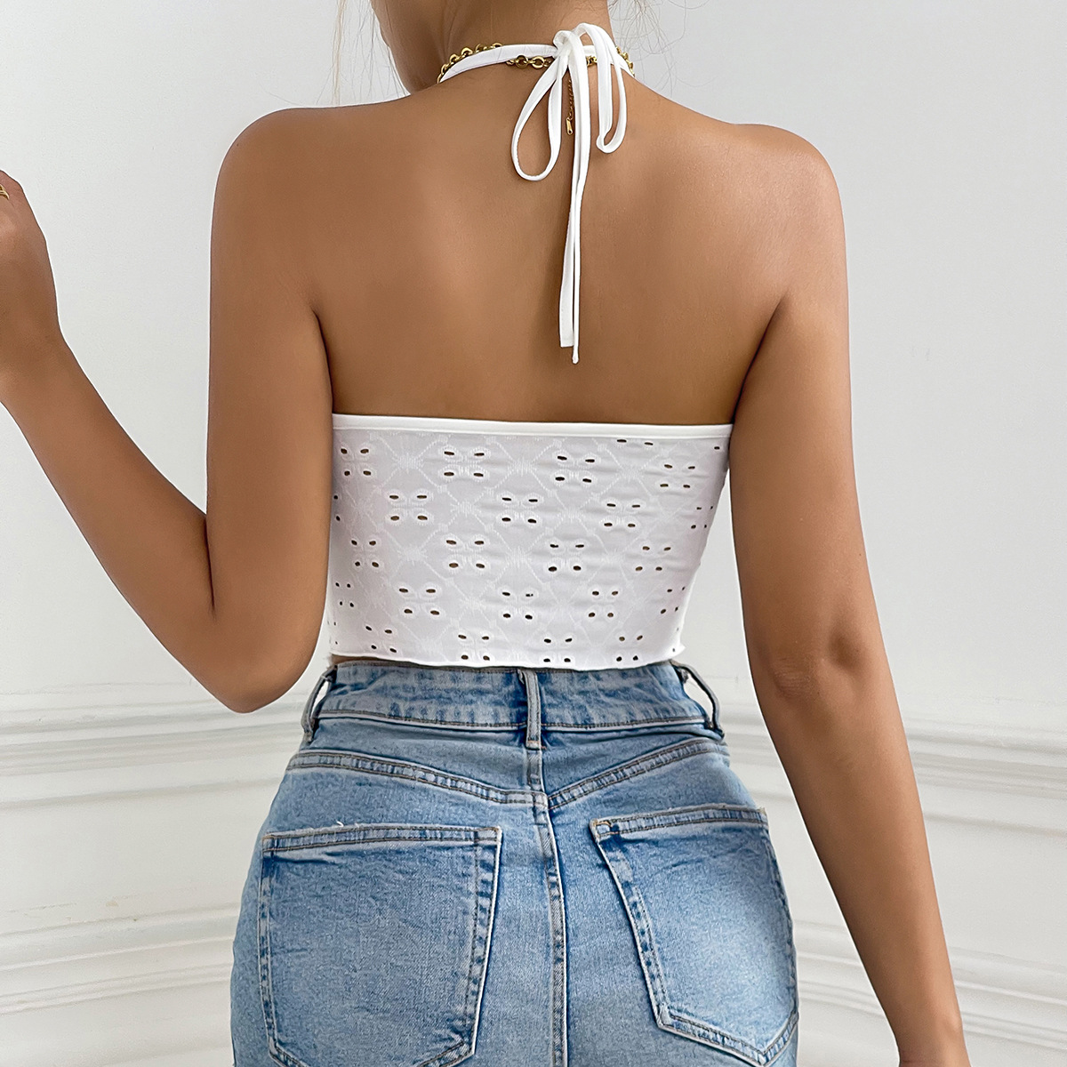 Damen Halfter Neck Top Mit Schnürung Tailliertes Sommertop_voghion.com