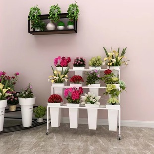 Flower Shop Flower Display Stand Multi-Layer Step Flower Stand Movable Iron Flower Stand Wheeled Multifunctional Flower Bucket Square Bucket