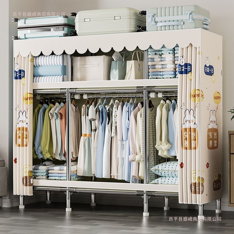 Simple Wardrobe for Home Bedroom, Reinforced Large Steel Pipe Wardrobe for Rental Rooms and Dormitories, Thickened Fabric Wardrobe