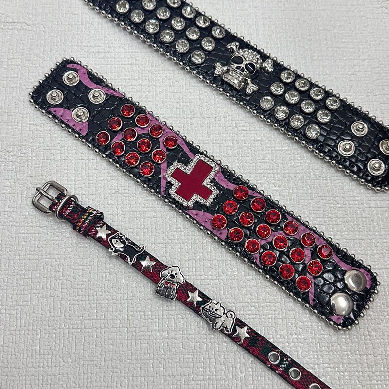 Hip-Hop Punk Cross Diamond-Encrusted Rhinestone Bracelet, Niche Design and Full of Personality, Diamond-Encrusted Pu Leather Jewelry