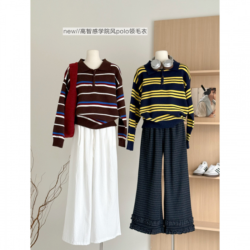 条纹毛衣女秋季外穿内搭polo领针织撞色小个子长袖上衣|undefined