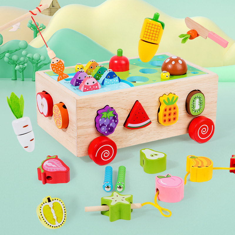 Juguetes educativos de madera del juego del corte de la fruta de la pesca con cuentas educativa de los niños del remolque multifuncional siete en uno