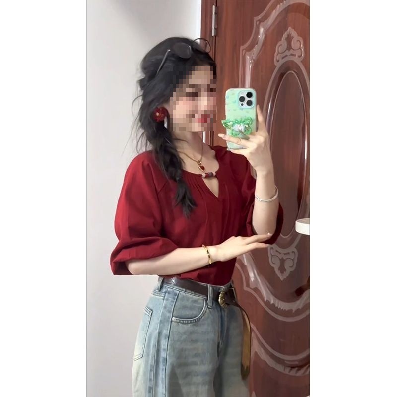 套装女2025早秋新款法式复古红色灯笼袖设计感衬衫高腰显瘦阔腿裤|undefined